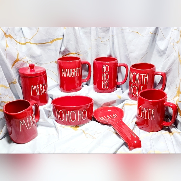 Rae Dunn set 8 Christmas Red Ceramic Coffe Mugs 16 Oz mugs sugar jar bowl exct - Picture 2 of 9